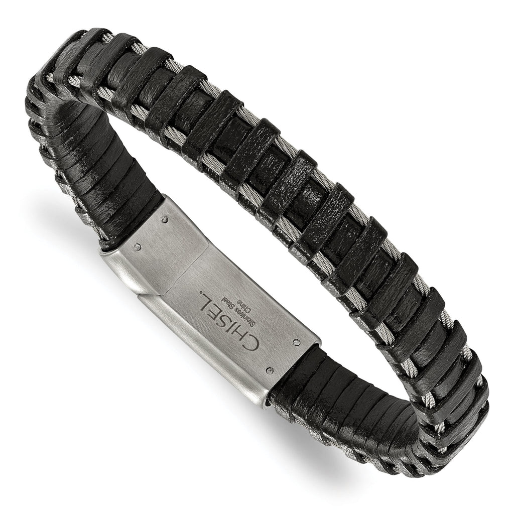 Stainless Steel Brushed Cable and Black Leather Bracelet for Men