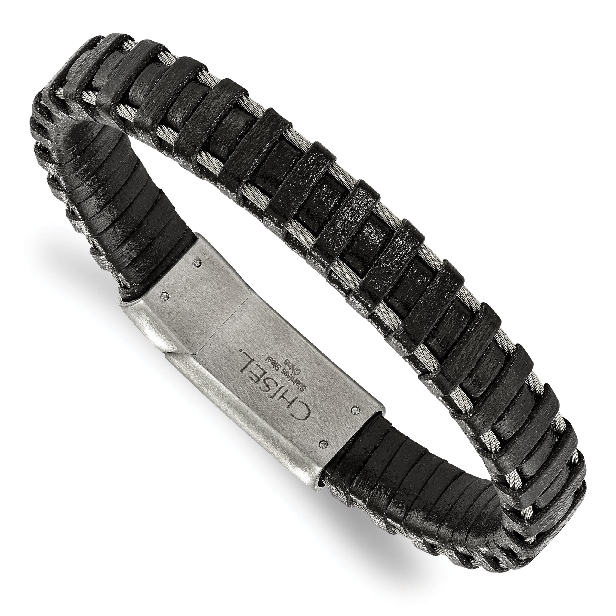 Stainless Steel Brushed Cable and Black Leather Bracelet for Men