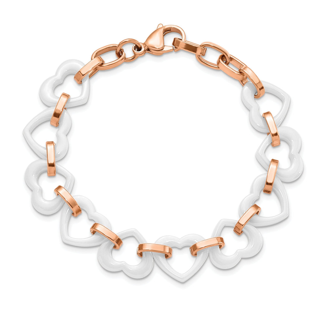 Stainless Steel Polished Rose IP-plated with White Ceramic Heart Links Bracelet with . Extension for Women
