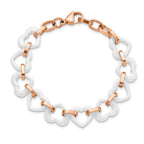 Stainless Steel Polished Rose IP-plated with White Ceramic Heart Links Bracelet with . Extension for Women