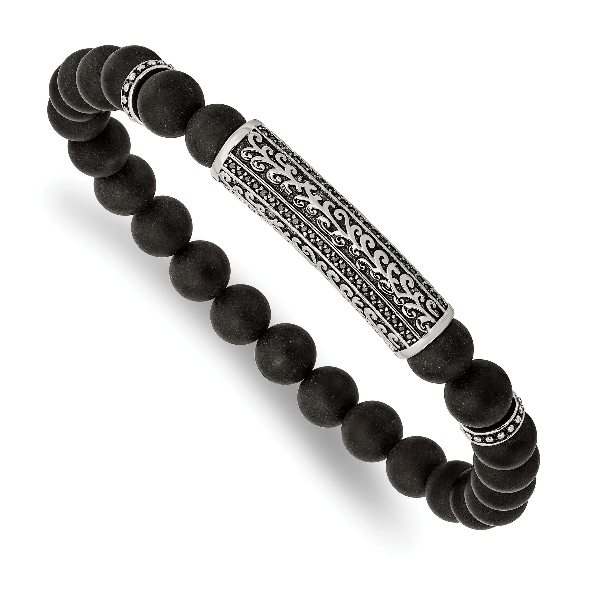 Stainless Steel Antiqued and Polished with Black Cubic Zirconia 8.5mm Agate Beaded Stretch Bracelet Main image