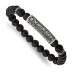 Stainless Steel Antiqued and Polished with Black Cubic Zirconia 8.5mm Agate Beaded Stretch Bracelet
