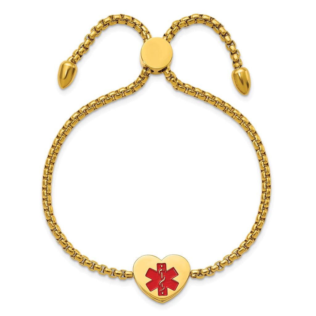 Stainless Steel Polished Yellow IP-plated with Red Enamel Heart Medical ID Adjustable Bracelet for Women