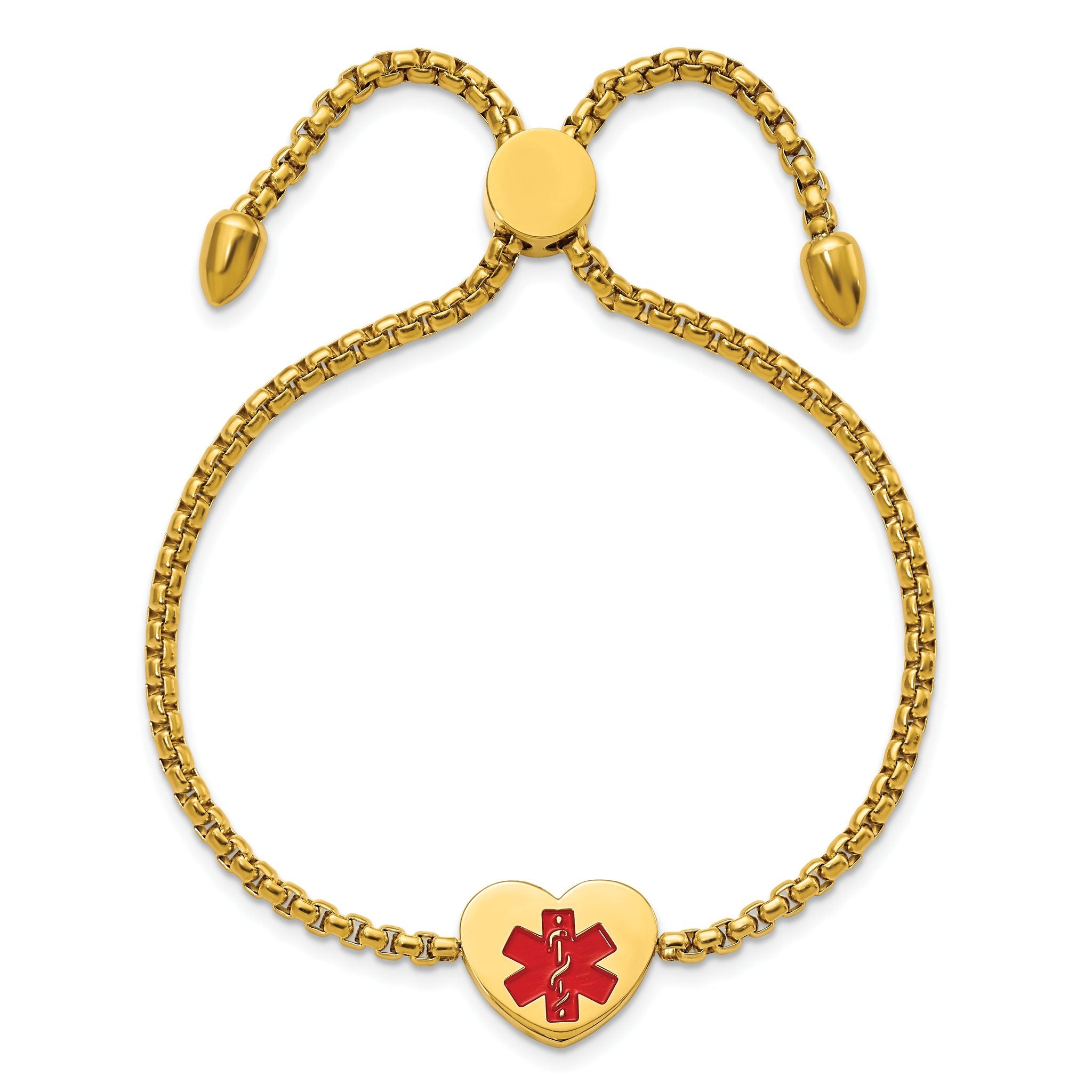 Stainless Steel Polished Yellow IP-plated with Red Enamel Heart Medical ID Adjustable Bracelet for Women