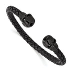 Stainless Steel Polished Black IP-plated Skulls with Crystal Eyes Black Braided Leather Cuff Bangle Bracelet