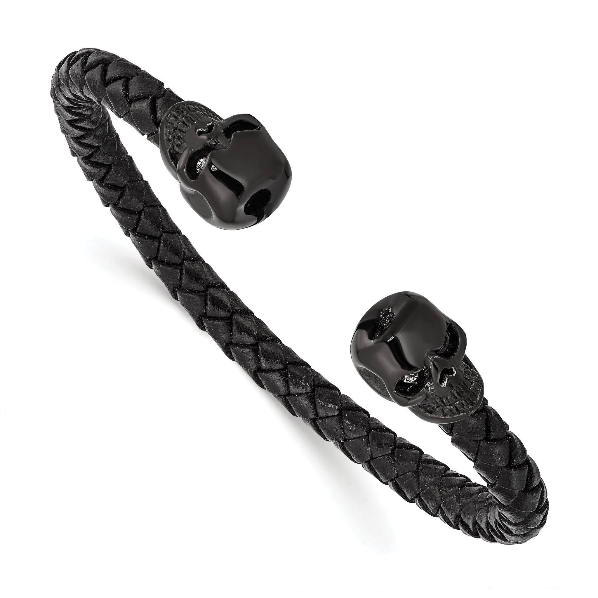 Stainless Steel Polished Black IP-plated Skulls with Crystal Eyes Black Braided Leather Cuff Bangle Bracelet