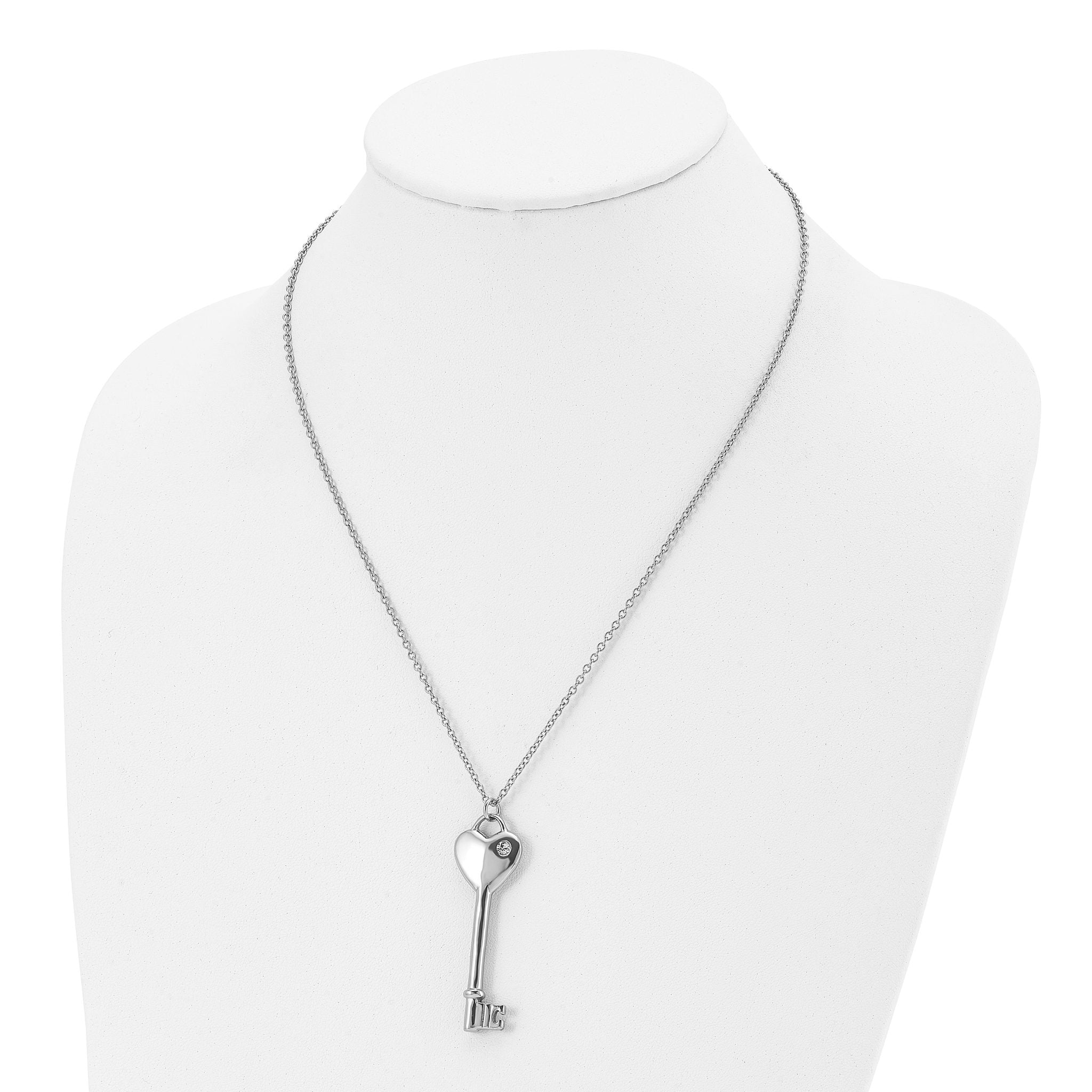 CZ Heart Key Pendant Necklace in Stainless Steel