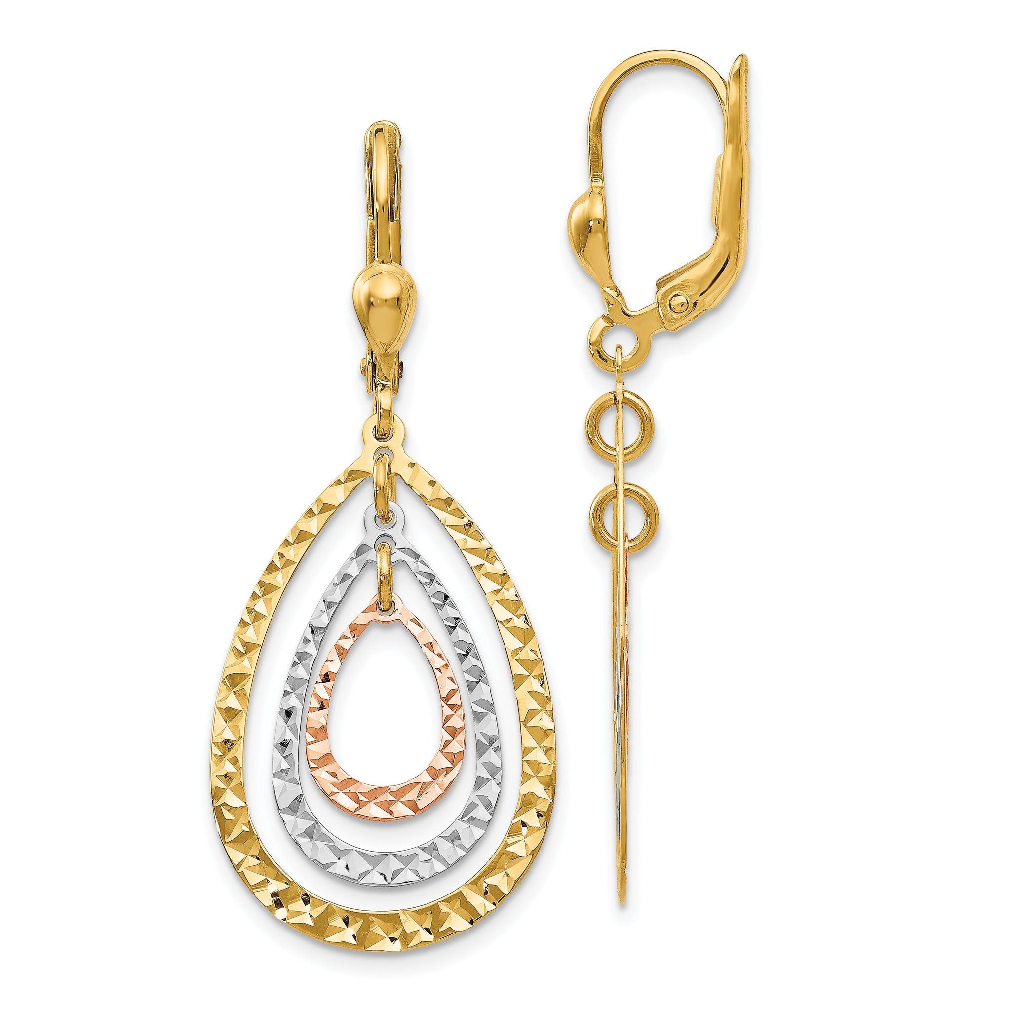 14K Tri-Color Gold Leverback Drop Earrings with Polished Textured Finish