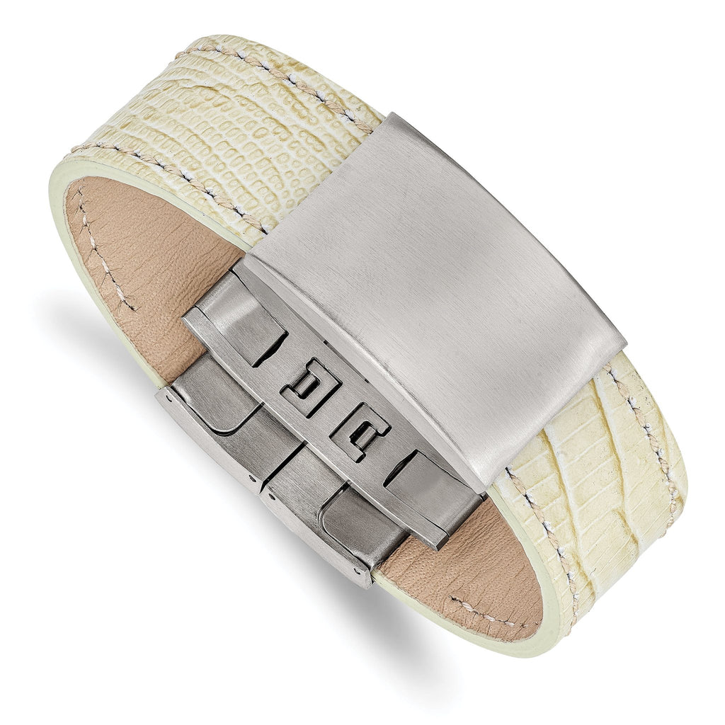 Stainless Steel Brushed White Leather ID Bracelet for Men