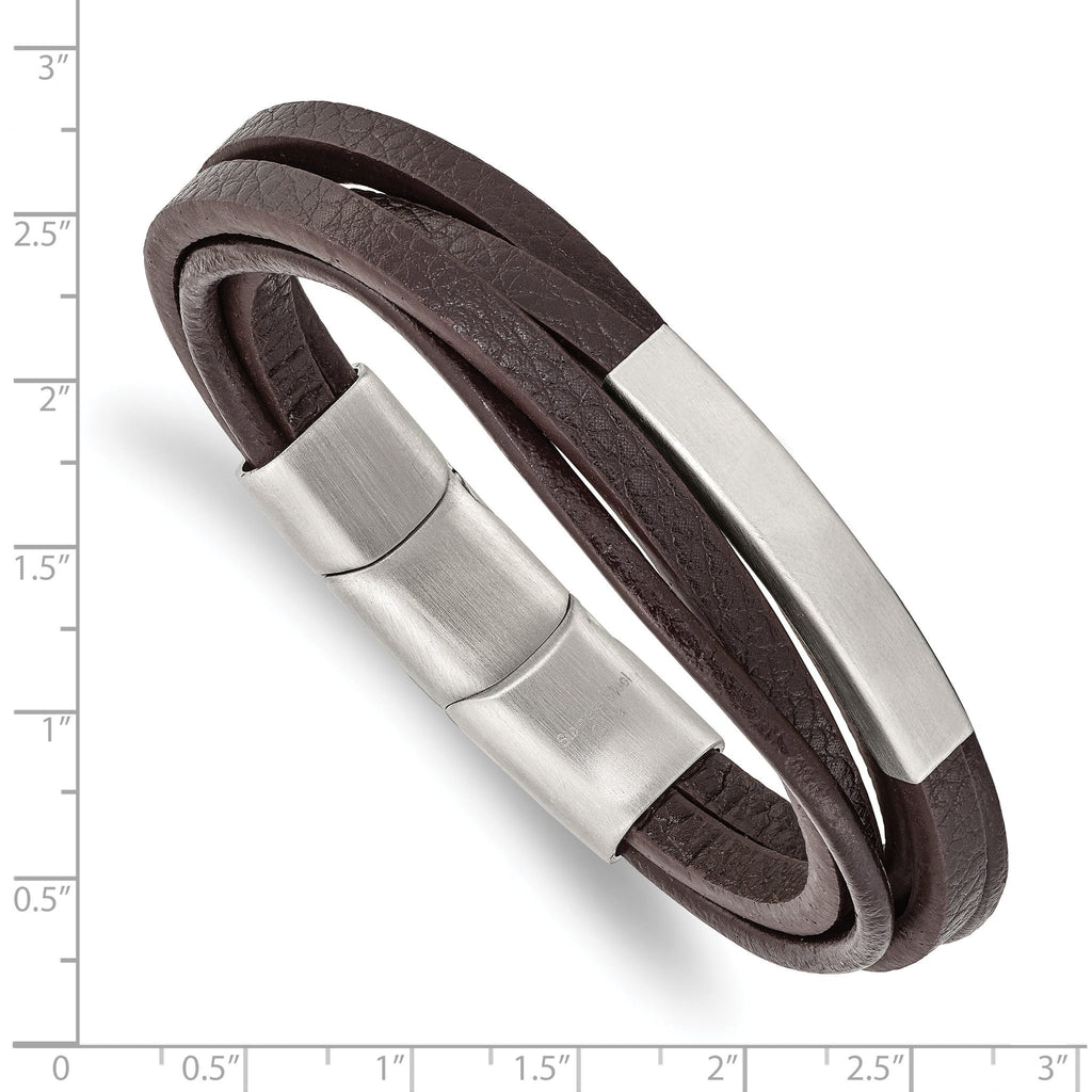 Stainless Steel Brushed Multi Strand Brown PU Leather ID Bracelet with . Extension