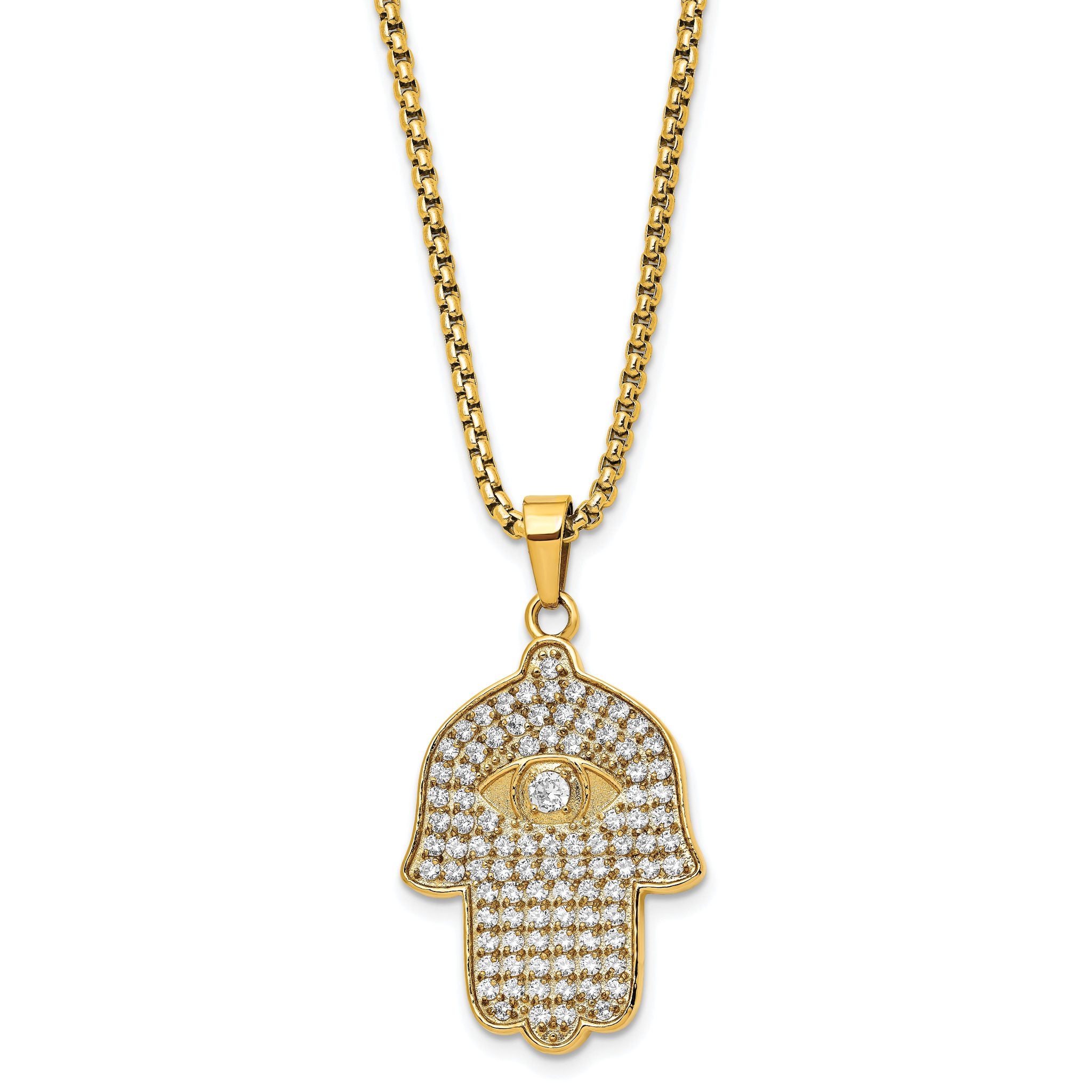 Chisel Stainless Steel Polished Yellow IP-plated with CZ Hamsa Pendant on a 24 inch Box Chain Necklace Main image