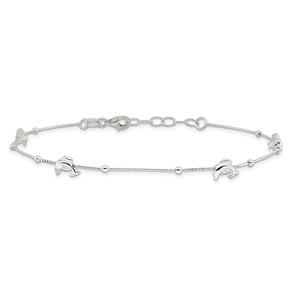 Sterling Silver Dolphins and Beads 4-Station 9 inch Plus 1 inch Extender - Total 10 inch Anklet