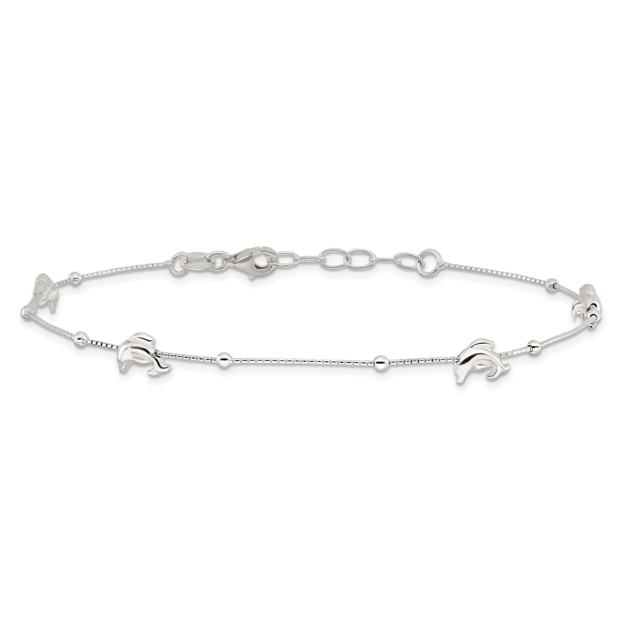 Sterling Silver Dolphins and Beads 4-Station 9 inch Plus 1 inch Extender - Total 10 inch Anklet