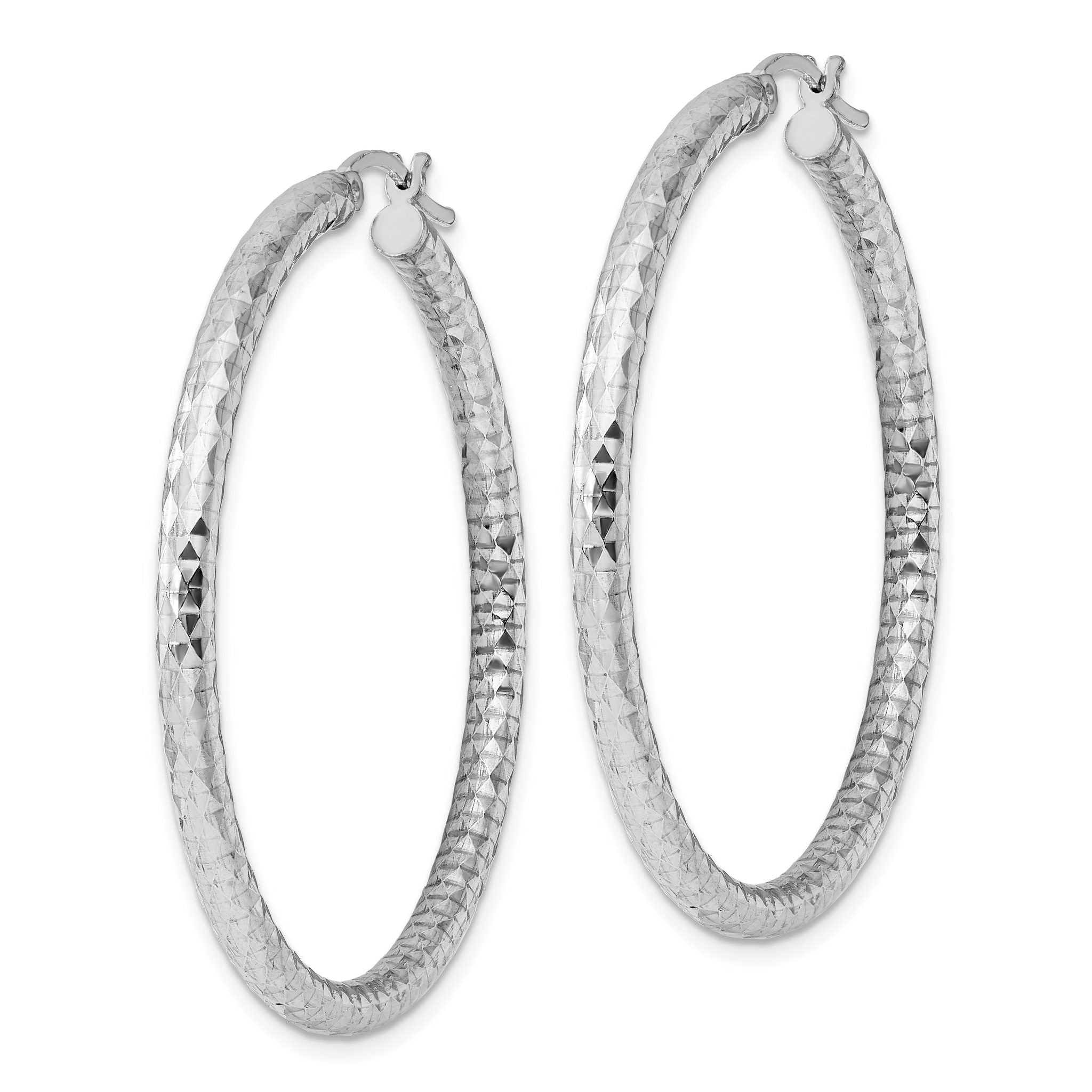 Sterling Silver Rhodium-plated 3.00mm Diamond Cut Hoop Earrings Secondary image
