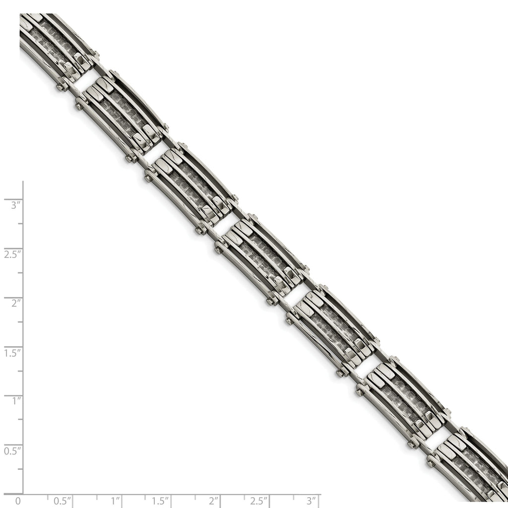 Stainless Steel Polished with Grey Carbon Fiber Inlay Link Bracelet for Men