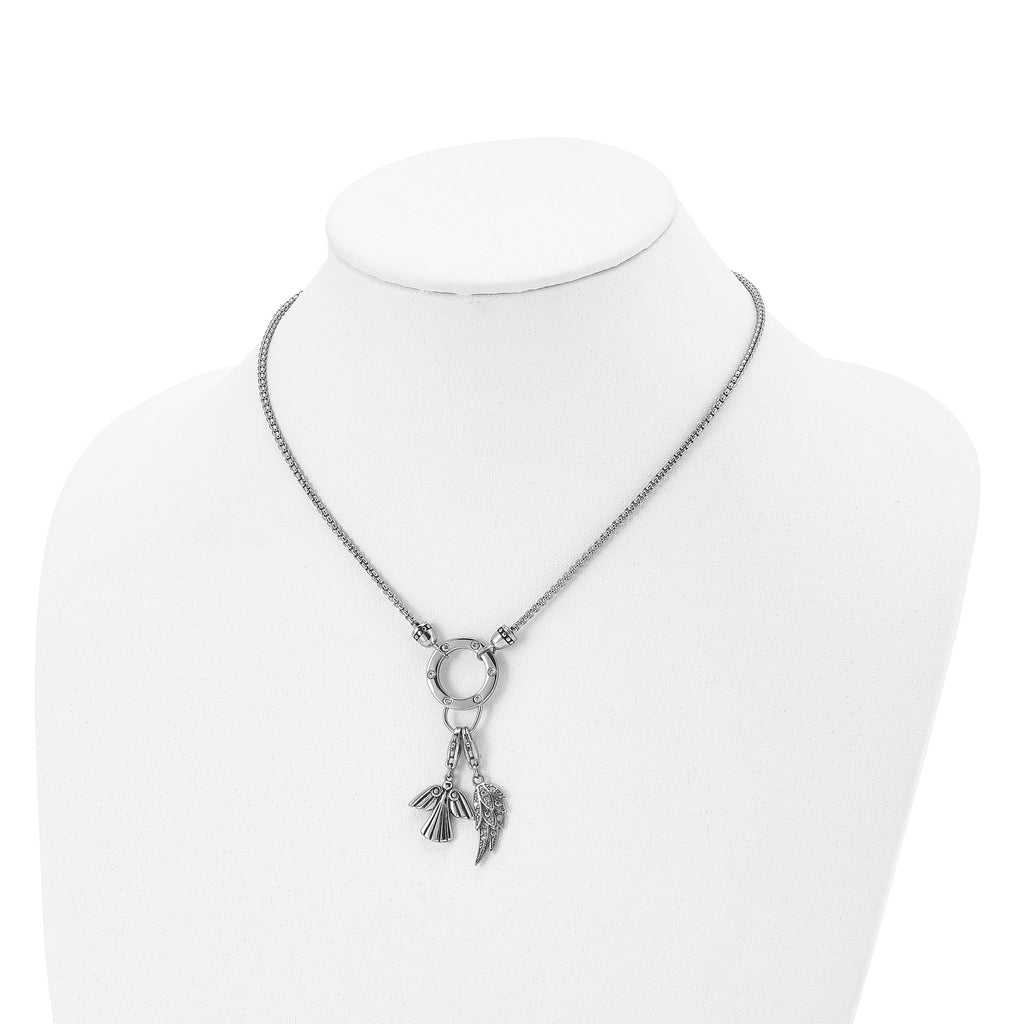 Feather & Angel CZ Pendant Necklace in Stainless Steel