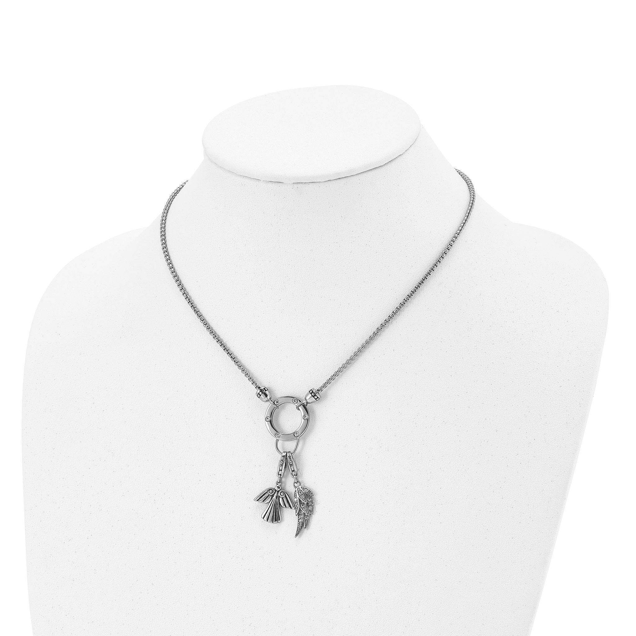 Feather & Angel CZ Pendant Necklace in Stainless Steel