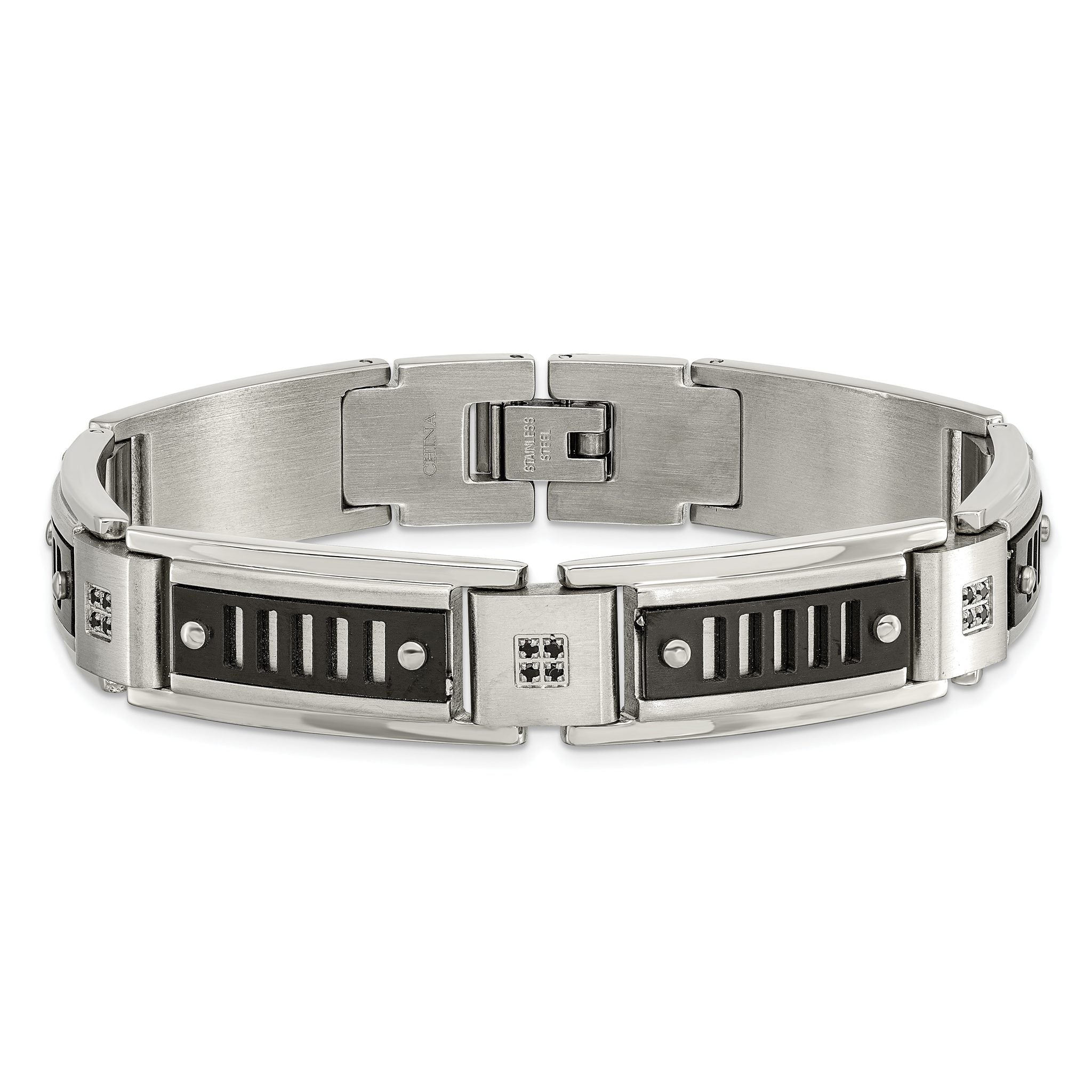Stainless Steel Polished Black IP-plated with Black Cubic Zirconia Bracelet for Men