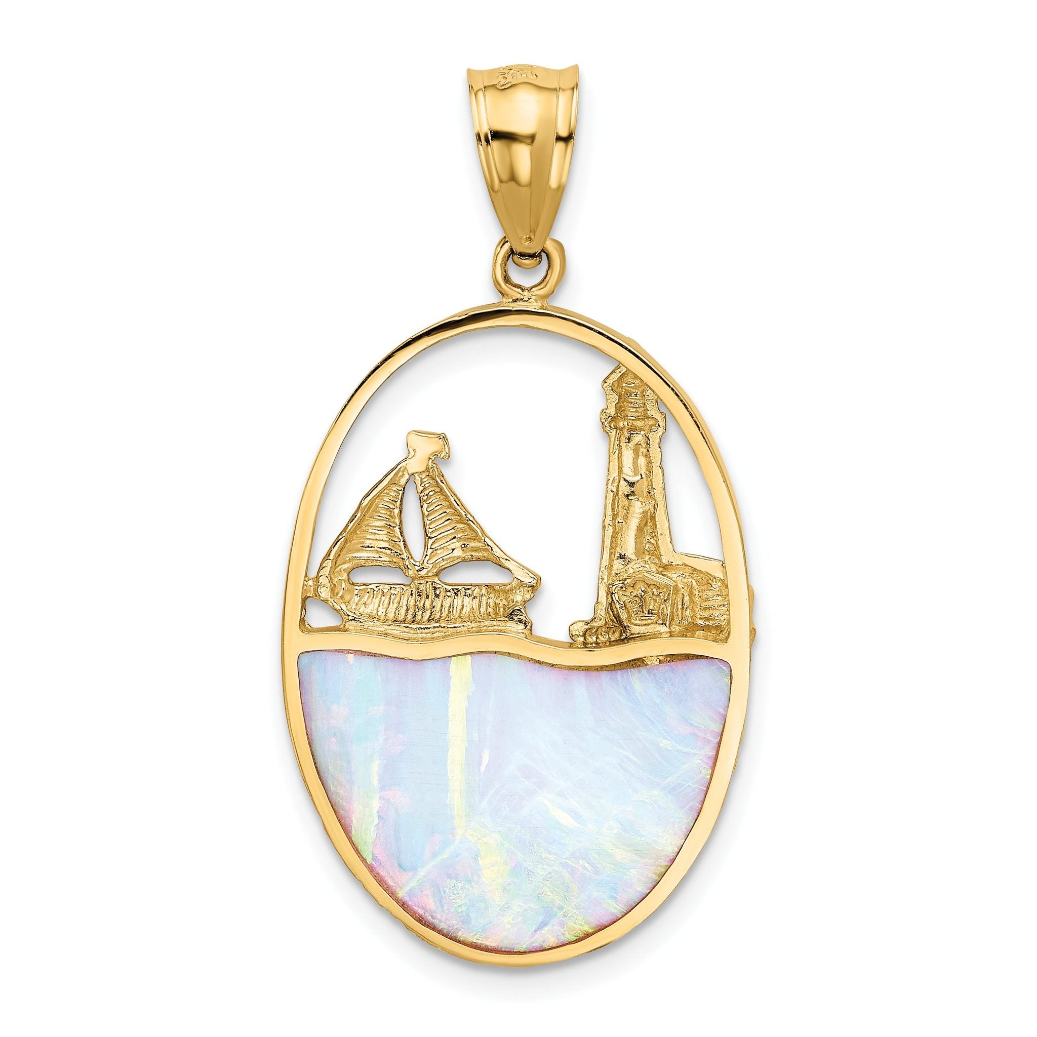 14K Gold Sailboat Pendant with Lab Created Opal  Nautical Themed Elegance