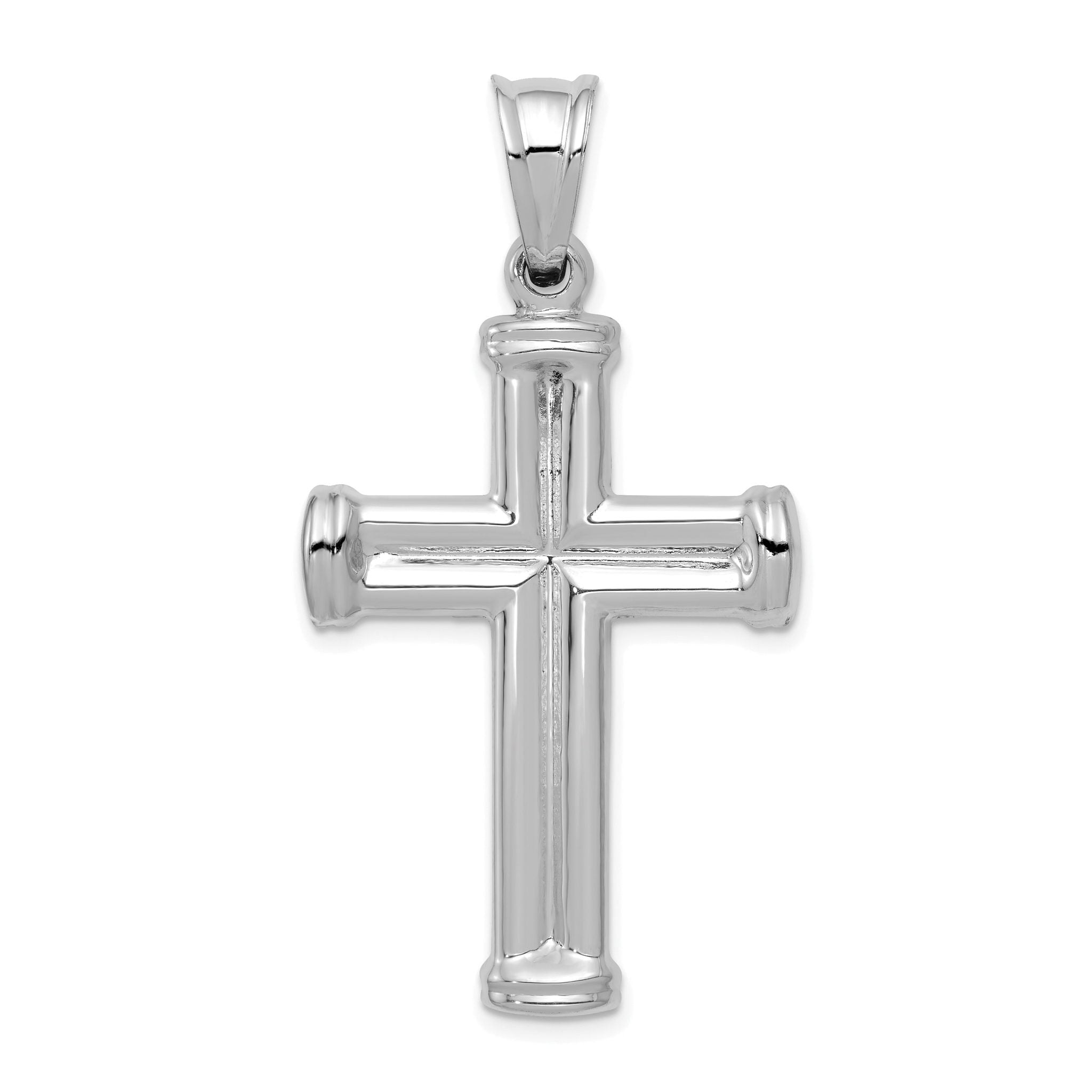 14K White Gold Hollow Cross Pendant with Polished 3D Design