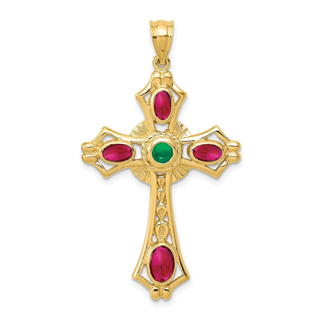 14K Gold Ruby and Emerald Cabochon Cross Pendant Elegant, Natural Gemstones