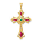 14K Gold Ruby and Emerald Cabochon Cross Pendant Elegant, Natural Gemstones