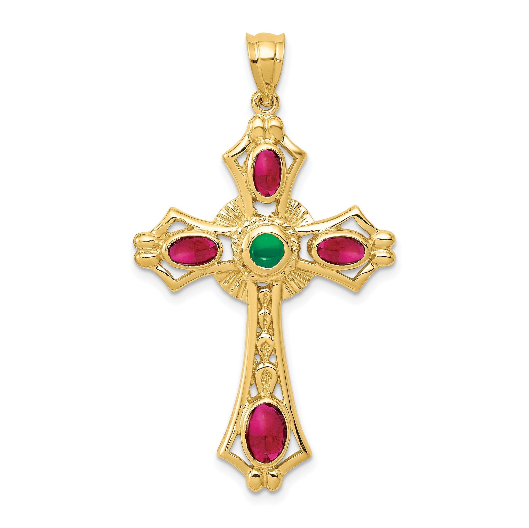 14K Gold Ruby and Emerald Cabochon Cross Pendant Elegant, Natural Gemstones