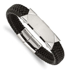 Stainless Steel Brushed and Polished Braided Black Leather ID Bracelet for Men