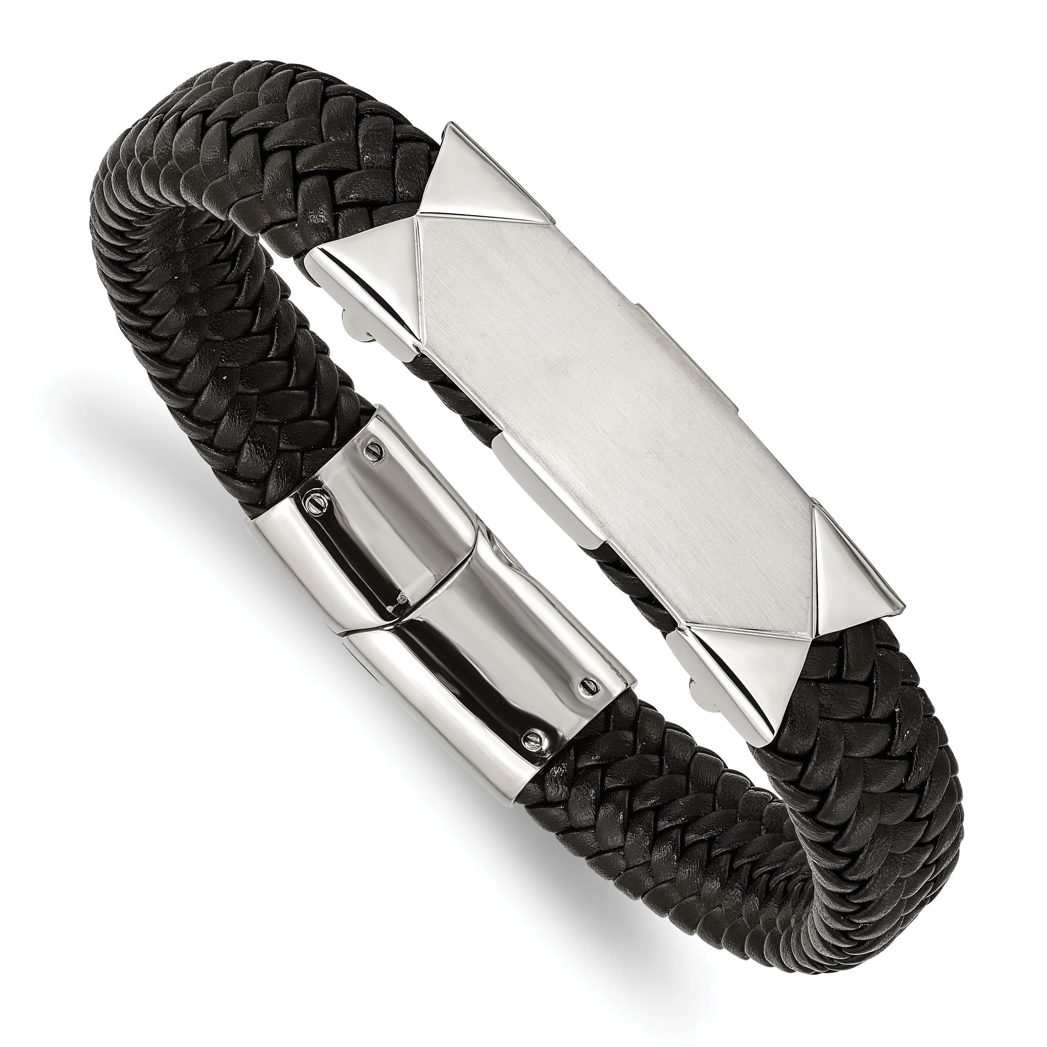 Stainless Steel Brushed and Polished Braided Black Leather ID Bracelet for Men
