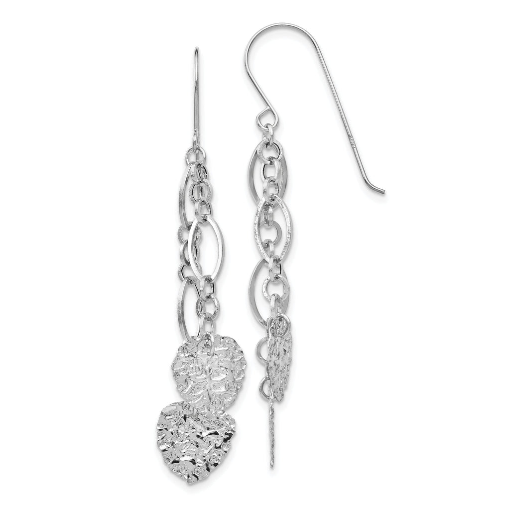 14K White Gold Dangle Heart Earrings with Polished Rhodium Finish