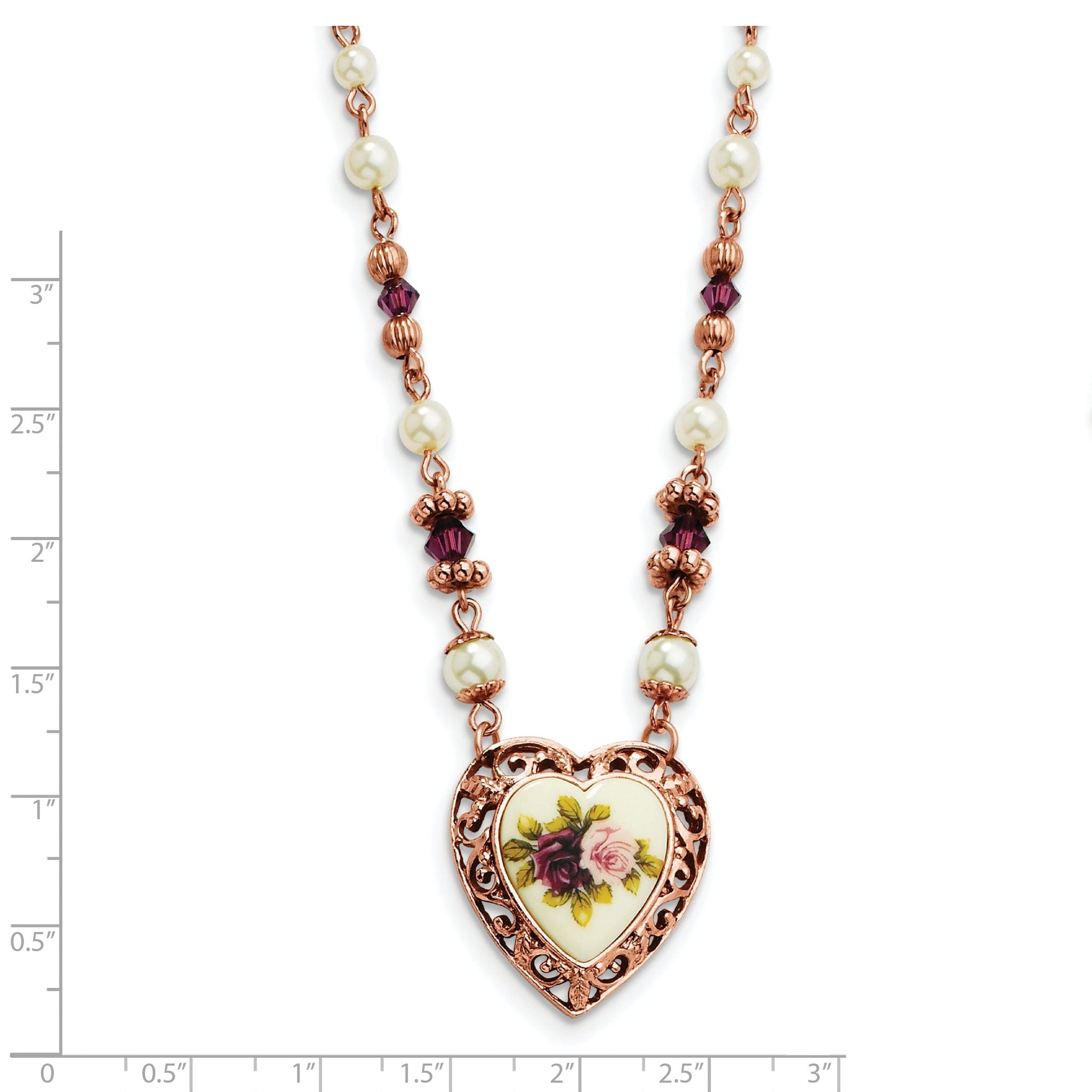 1928 Jewelry Rose-tone Heart Filigree Frame Purple Faceted Crystal Bead Imitation Pearl Rose Floral Motif 15 inch Necklace Secondary image