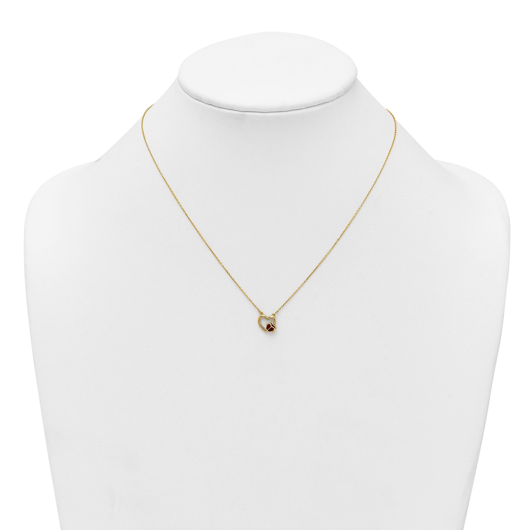 14K Polished Red and Black Enameled Ladybug on Heart 17 inch Necklace
