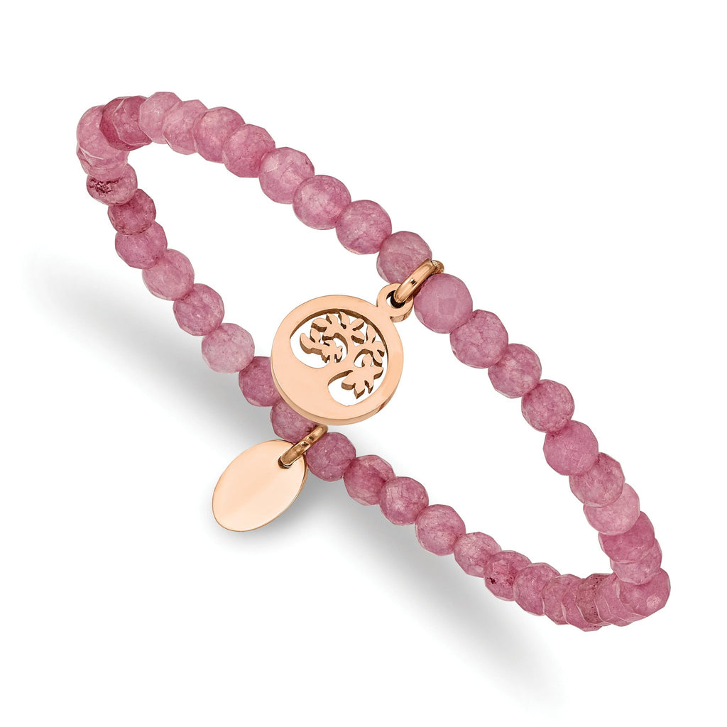 Stainless Steel Polished Rose IP-plated Tree 4mm Pink Jade Beaded Stretch Bracelet for Women