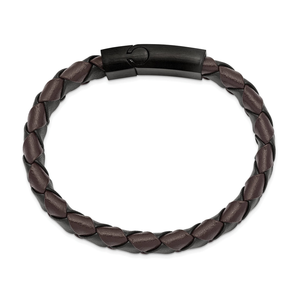 Stainless Steel Brushed Black IP-plated Black and Brown Leather Bracelet for Men