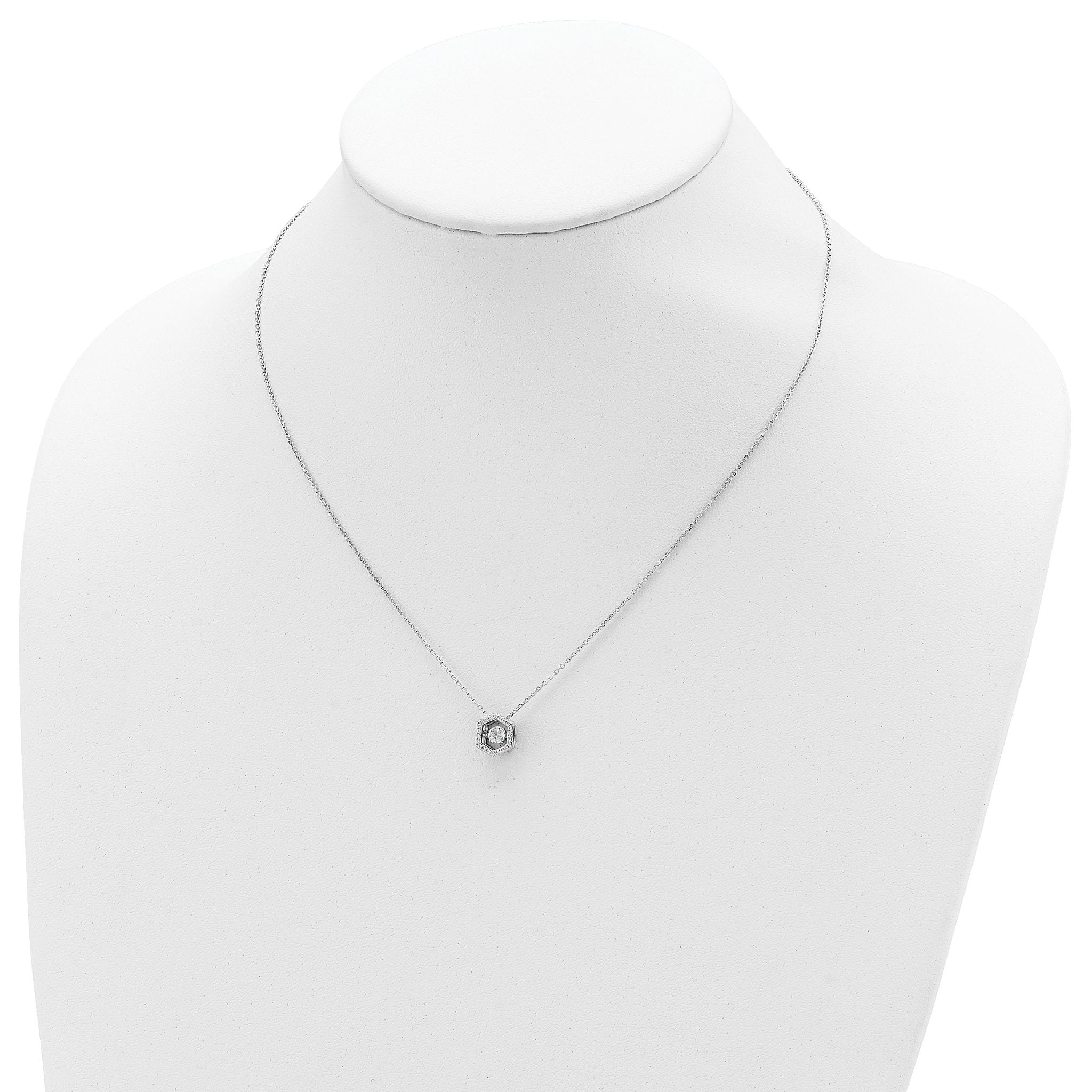 Sterling Silver Rhod-plated Hexagon Moving CZ w/2in ext Necklace