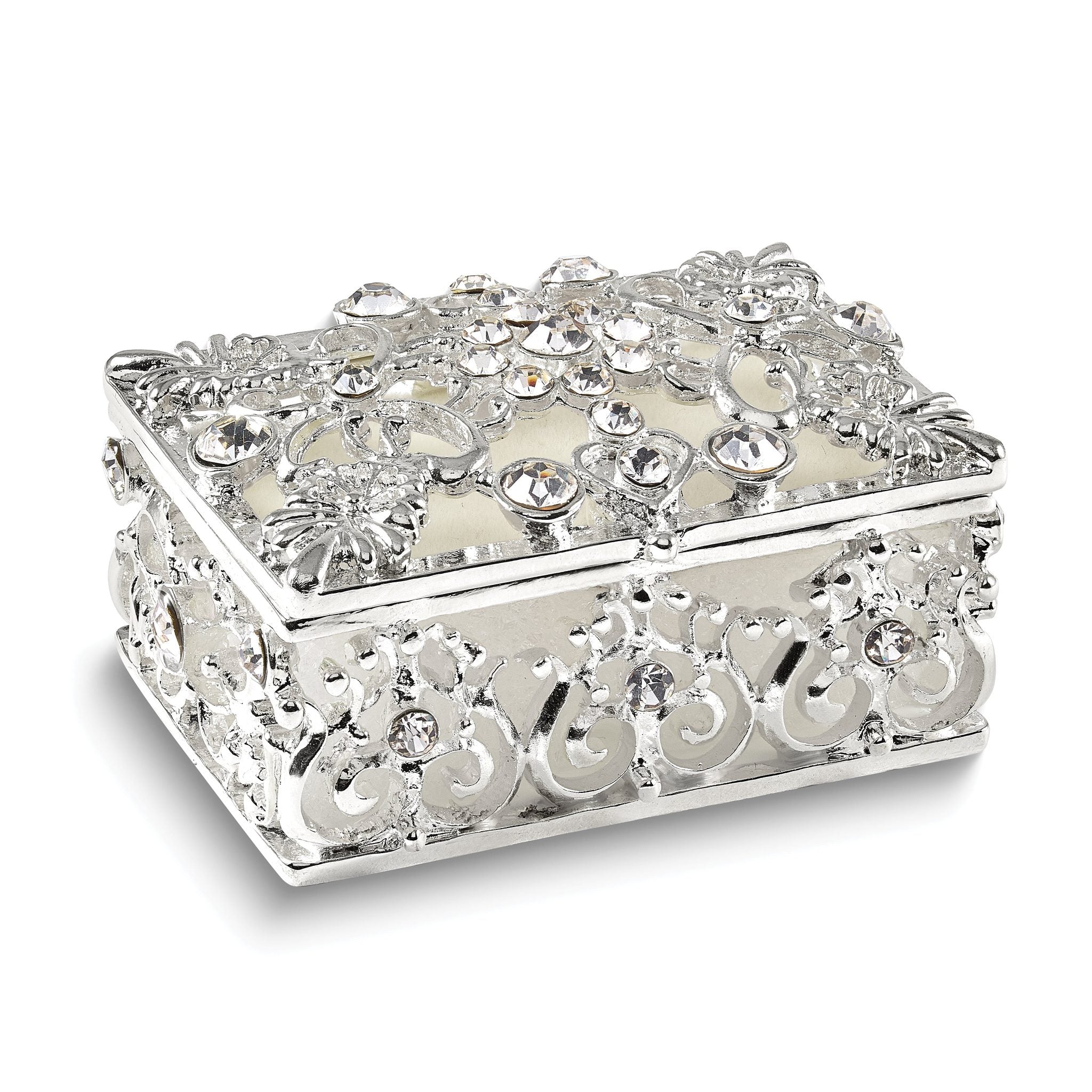 Luxury Giftware by Jere Bejeweled ALLURING Rectangle Silver-tone Heart Trinket Box with Matching 18 inch Necklace Main image