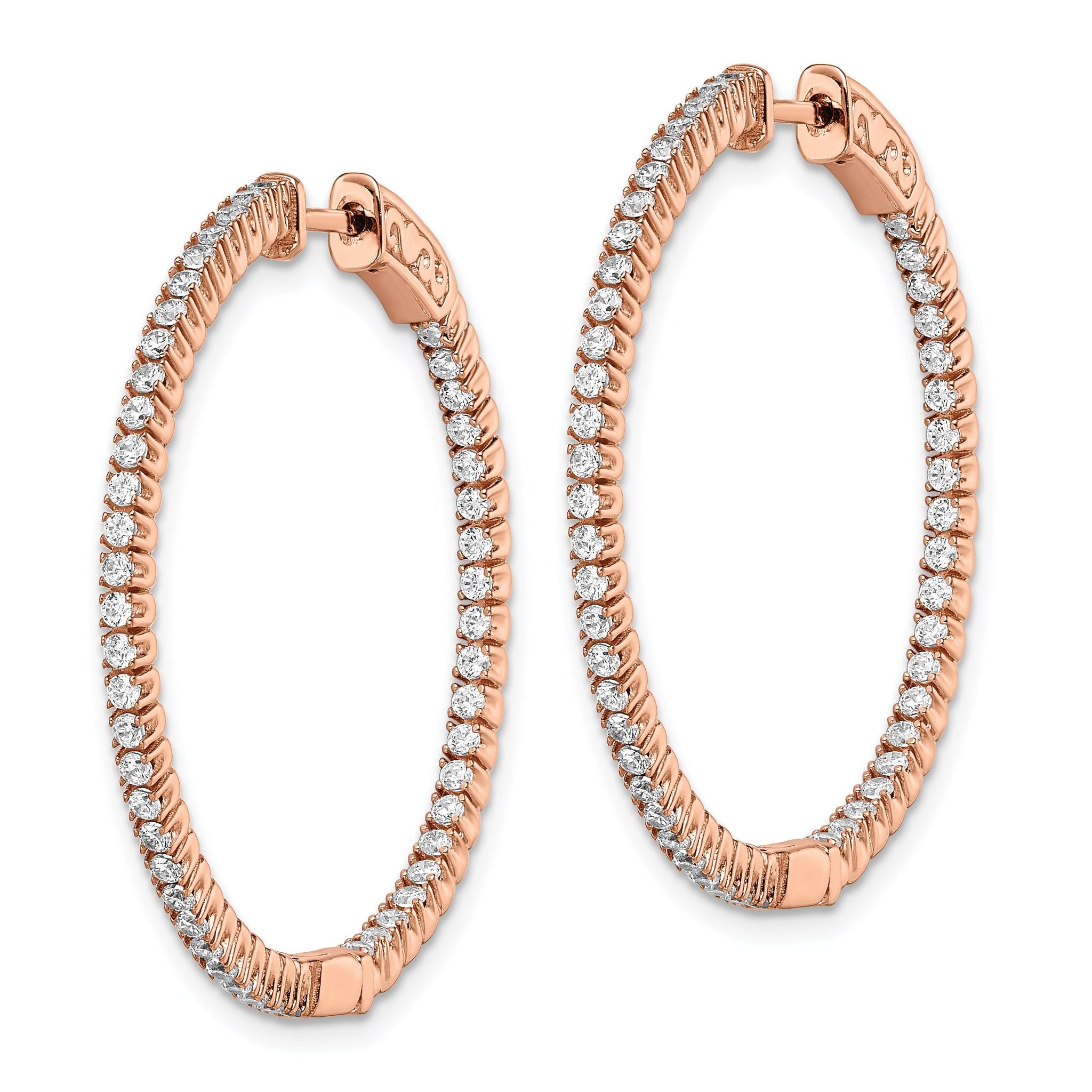 Sterling Shimmer Sterling Silver Rose-tone Flash Rose Gold-plated 100 Stone 1.3mm CZ In and Out Round Hinged Hoop Earrings