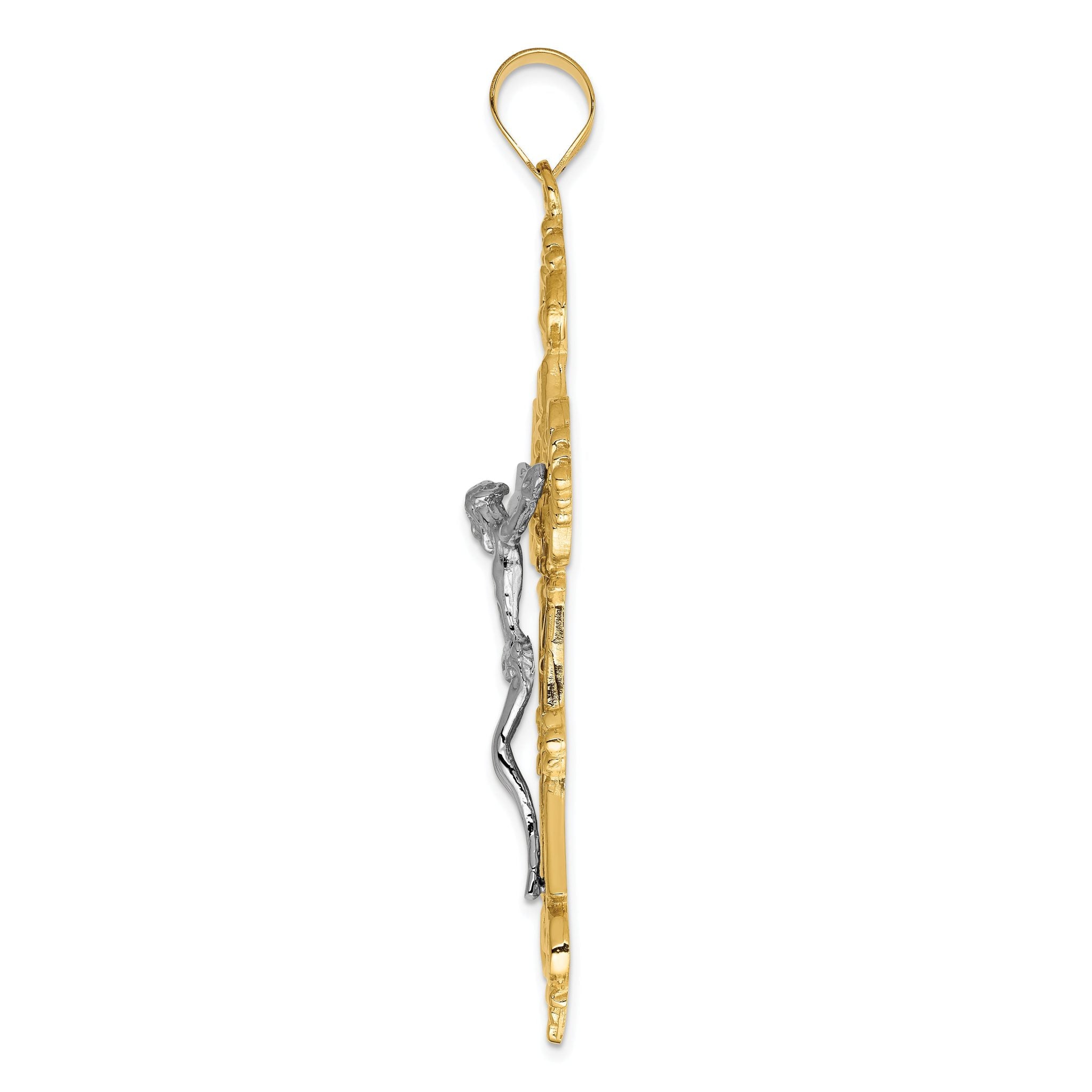 14K Two-Tone Gold Fleur De Lis Crucifix Pendant Elegant Themed Design