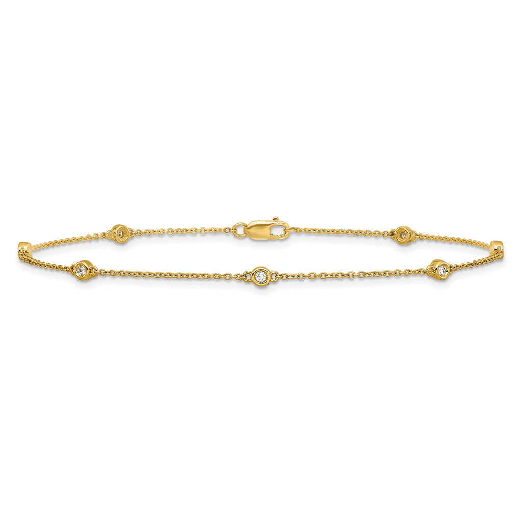 14k Complete 1/8 carat Bezel-set Diamond and Cable Chain 7-Station 9 inch Anklet