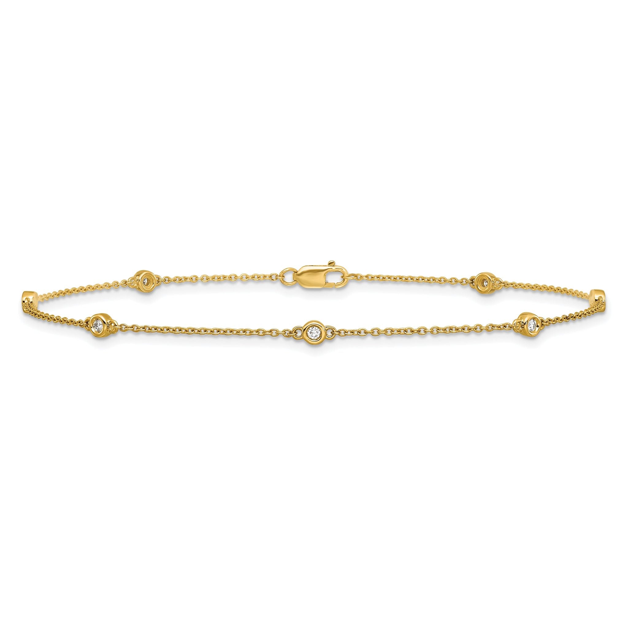 14k Complete 1/8 carat Bezel-set Diamond and Cable Chain 7-Station 9 inch Anklet