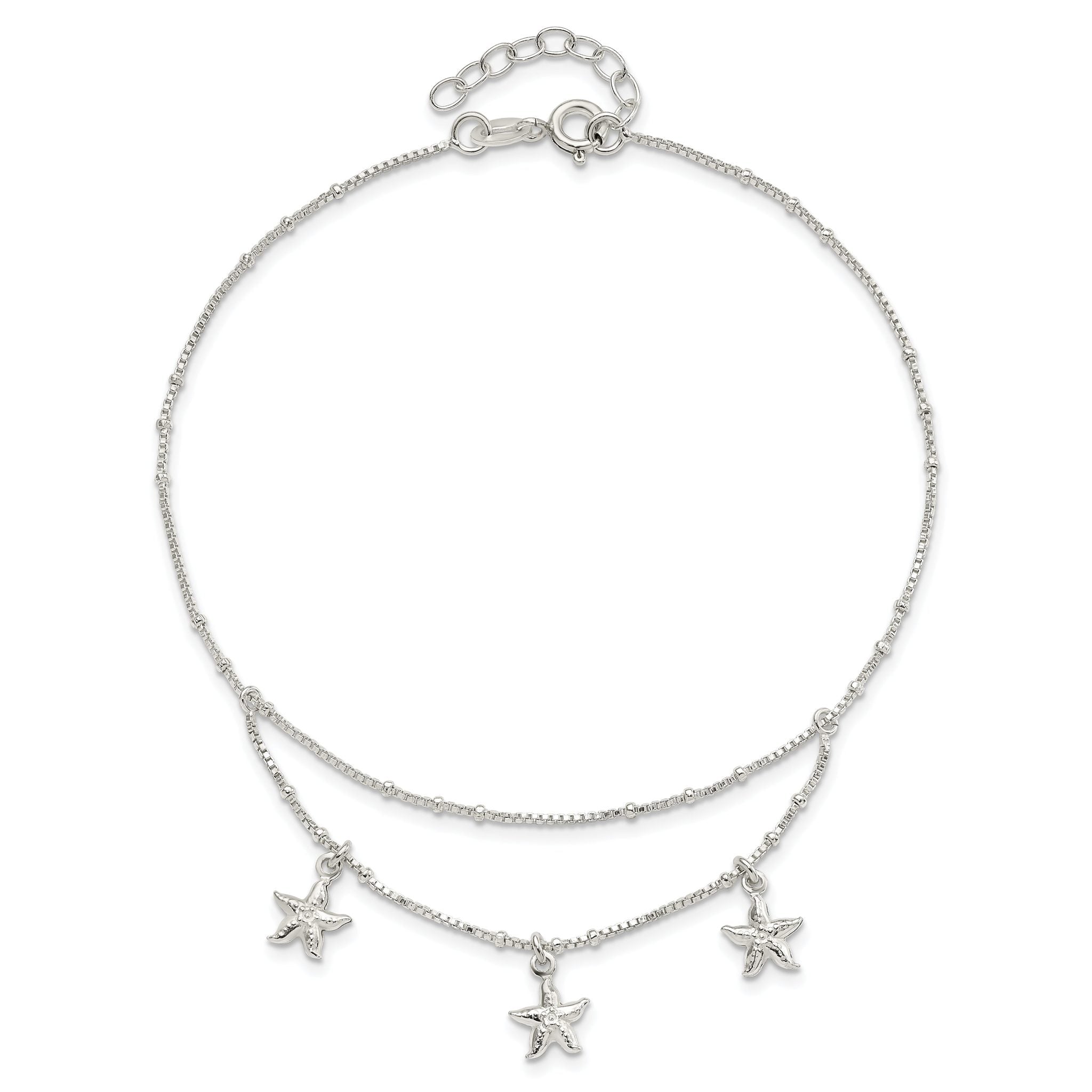 Sterling Silver 2-Strand Starfish 9 inch Plus 1 inch Extender - Total 10 inch Anklet