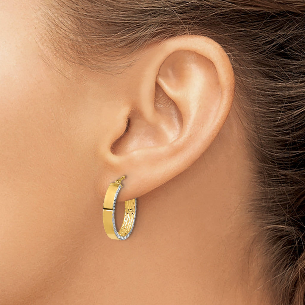 10K w/ White Rhodium Polished and Diamond-cut Hoop Earrings