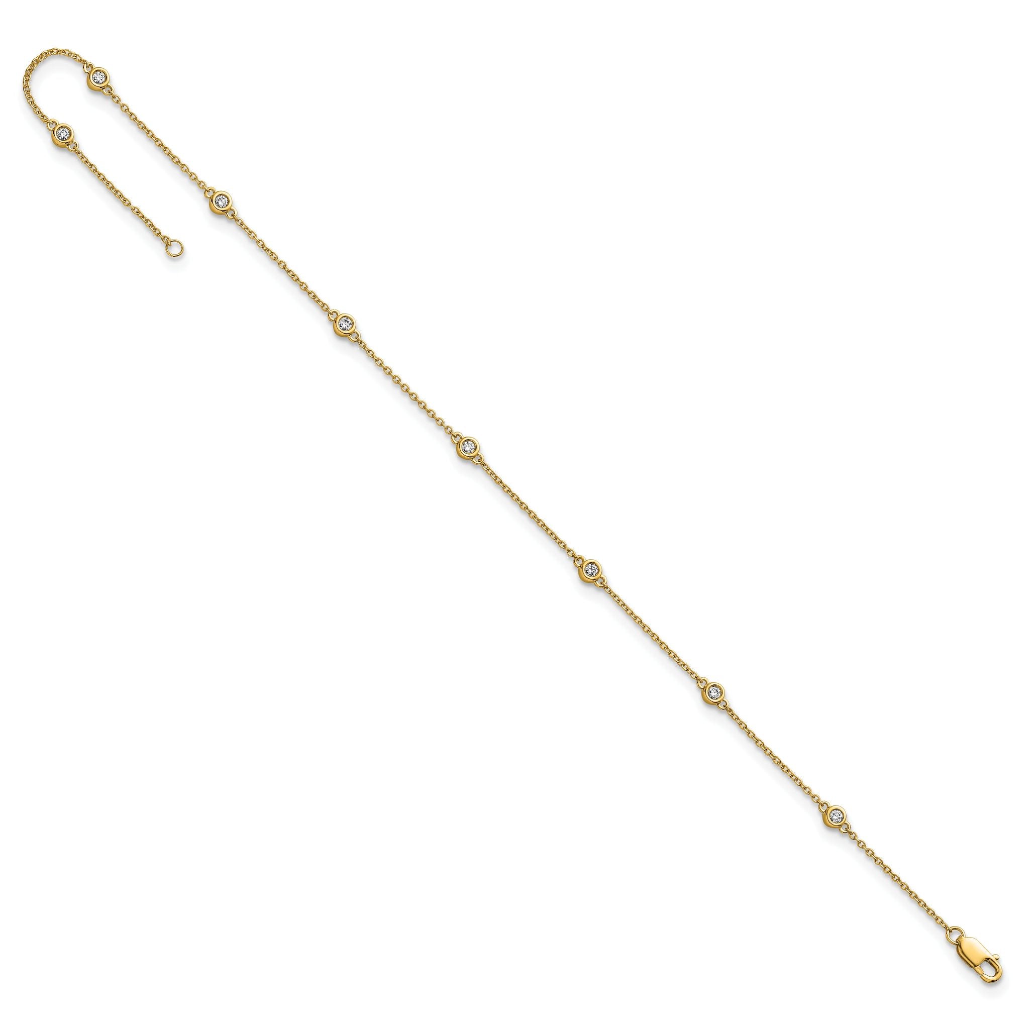 14k Complete 1/5 carat Bezel-set Diamond and Cable Chain 8-Station 9 inch Anklet