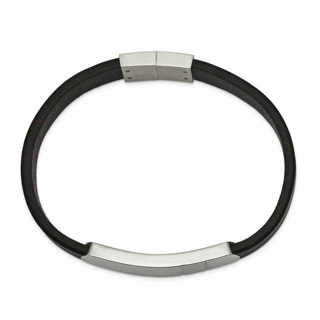 Stainless Steel Brushed and Polished Black Leather ID Bracelet for Men