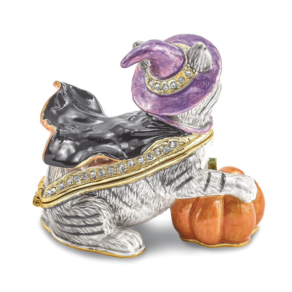 Luxury Giftware by Jere Bejeweled Crystals Gold-tone Enameled SERENA Halloween Cat Trinket Box with Matching 18 Inch Necklace