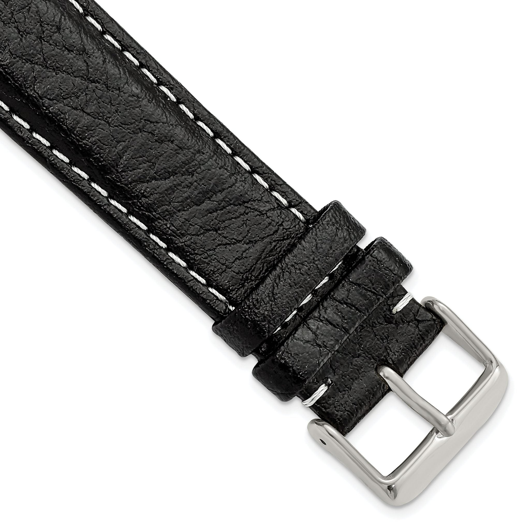 Black Sport Watch Band in Leather with White Stitching, 16mm