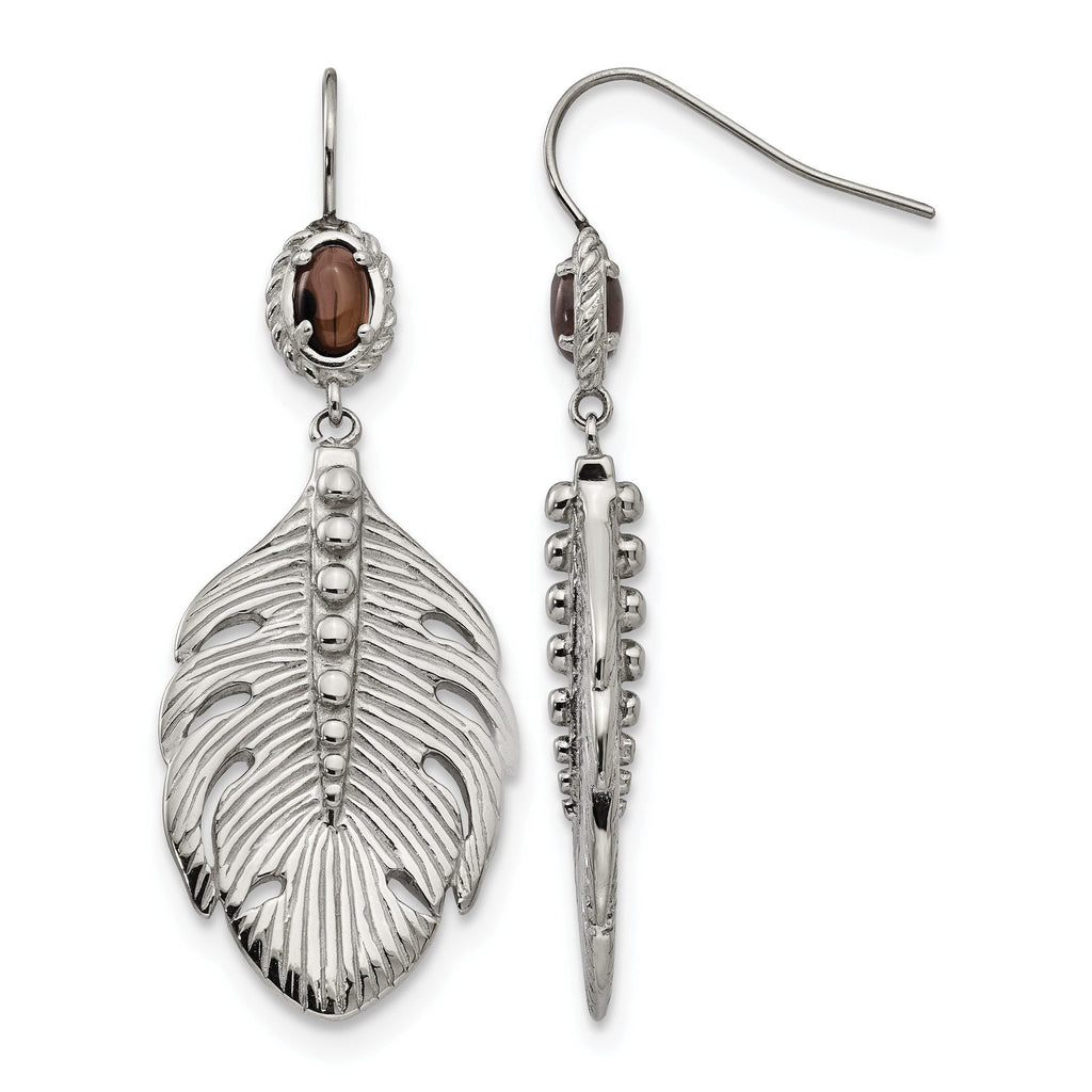 Stainless Steel Polished Textured Smoky Quartz Drop Dangle Earrings for Women