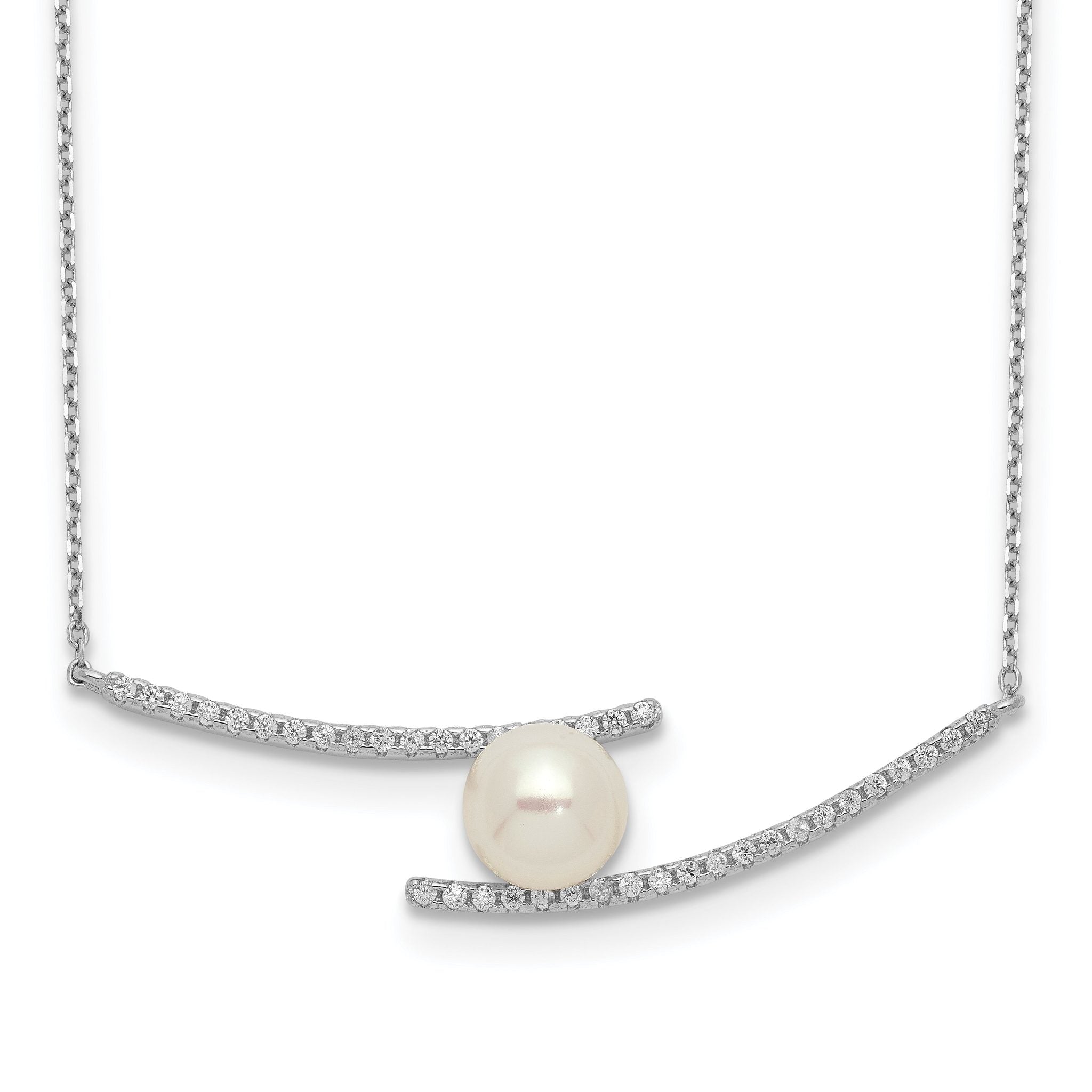 Sterling Silver Rhodium-plated 7-8mm White Button FWC Pearl CZ Necklace Main image