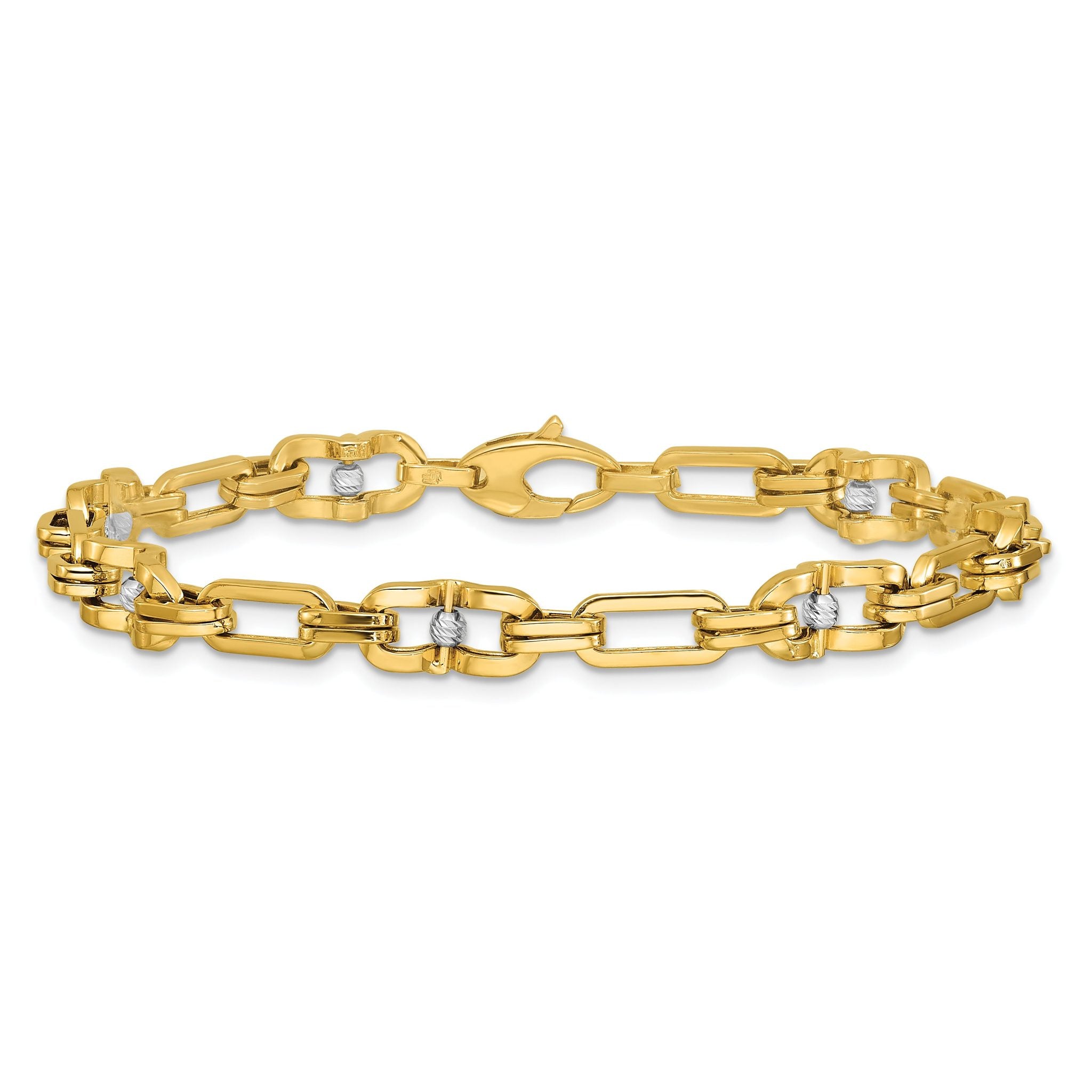 14K w/Wht RH Polished D/C Moveable Beaded Link Bracelet