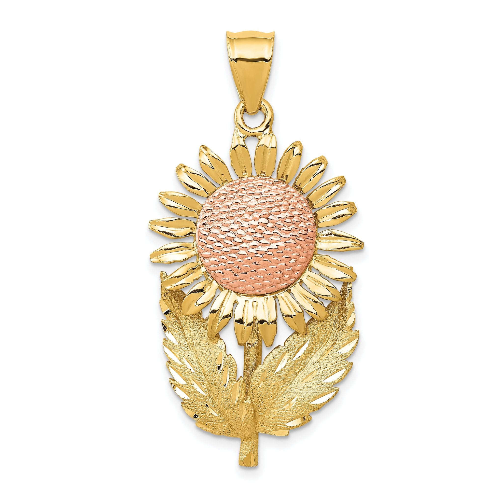 14K Two-Tone Sunflower Pendant with Polished Diamond-Cut Finish by Sophia Jewelers